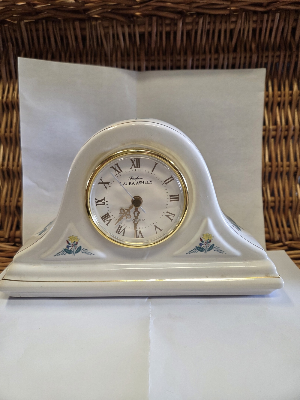 Vintage Laura Ashley White Ceramic Mantel Clock with Gold Trim Quartz